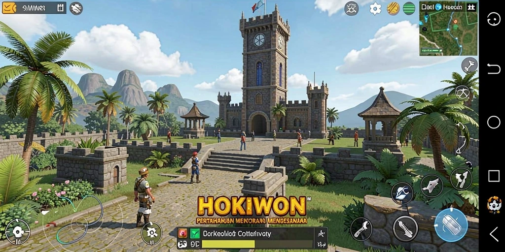 Screenshot gameplay HOKIWON dengan tampilan menara dan musuh.