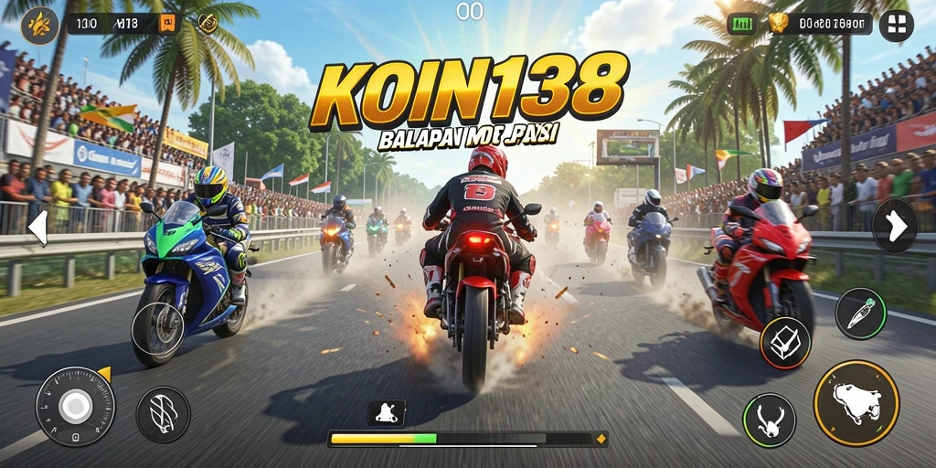 Screenshot gameplay KOIN138 menampilkan aksi balapan motor yang seru.