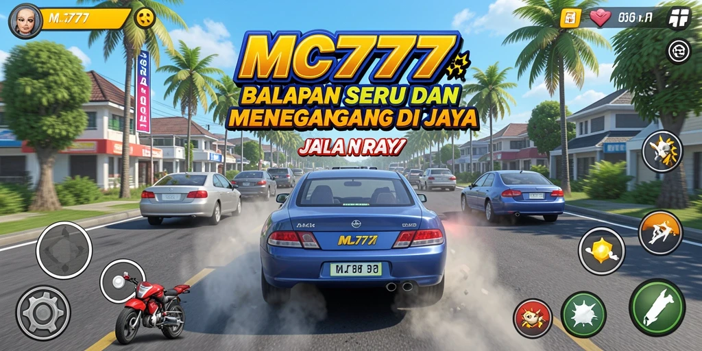 Tampilan gameplay seru dari MC777 saat balapan di jalan raya.