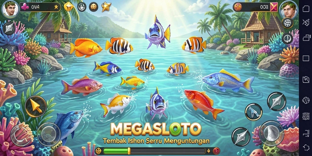 Tampilan gameplay seru di MEGASLOTO yang menembak ikan berwarna-warni.