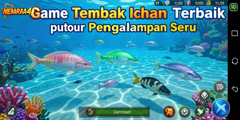 Screenshot utama MENARA4D menampilkan aksi seru berburu ikan.