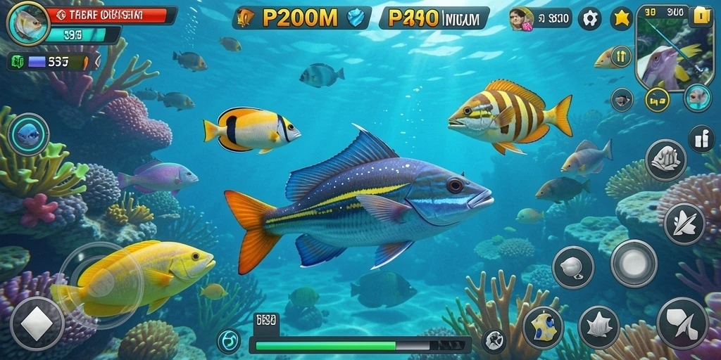 Screenshot gameplay P200M yang menunjukkan aksi menembak ikan.