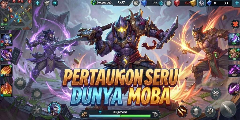 Screenshot gameplay RK77 menunjukkan aksi seru dalam pertempuran MOBA.
