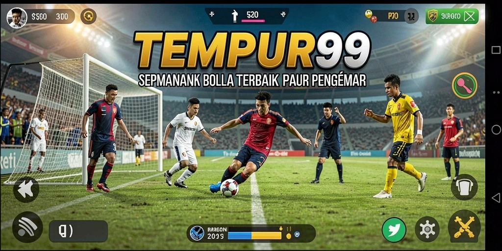Tangkapan layar TEMPUR99 menunjukkan aksi seru di lapangan sepak bola.